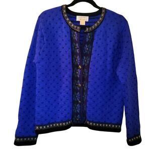 Vtg Womens 100% Wool Blue Floral Cardigan Knit Sweater Size M Tally-Ho Birds Eye